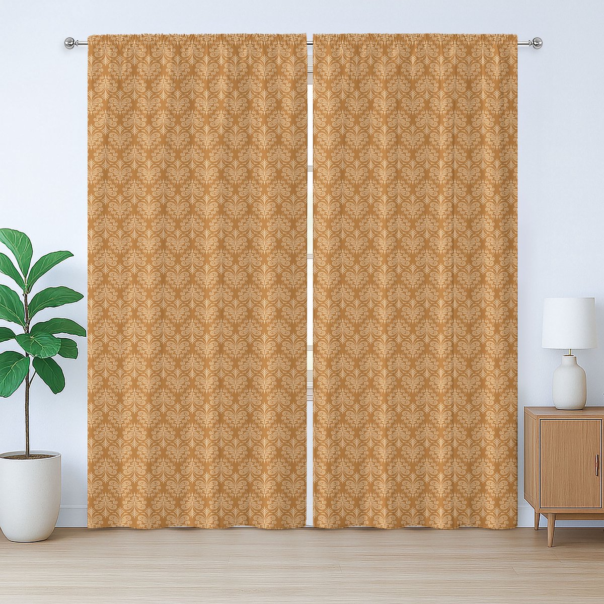 ABAKUHAUS Damast Rustiek Gordijn, Rococo Renaissance Stijl, Geplooid Gordijn met Lussen en Haken voor de Slaapkamer, 280 x 225 cm, Gemberbeige