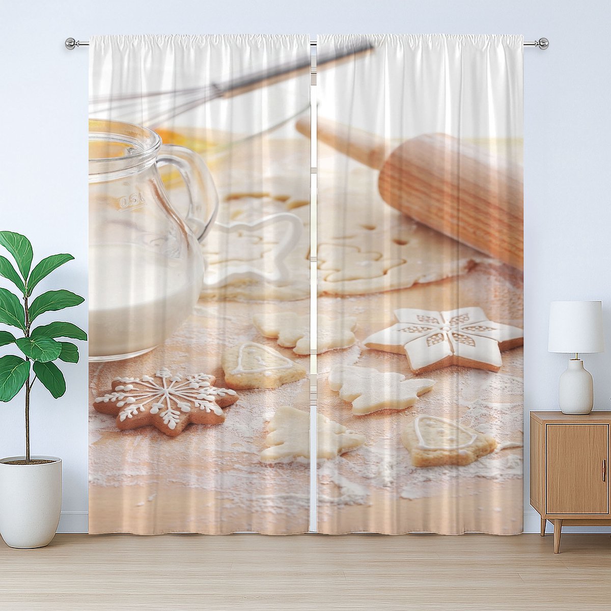 ABAKUHAUS Rustiek Koekjesgordijn, Melk in een Glas Bakmeel, Slaapkamergordijn met Plooiing, Lussen en Haken, 280 x 175 cm, Lichtbruin Beige