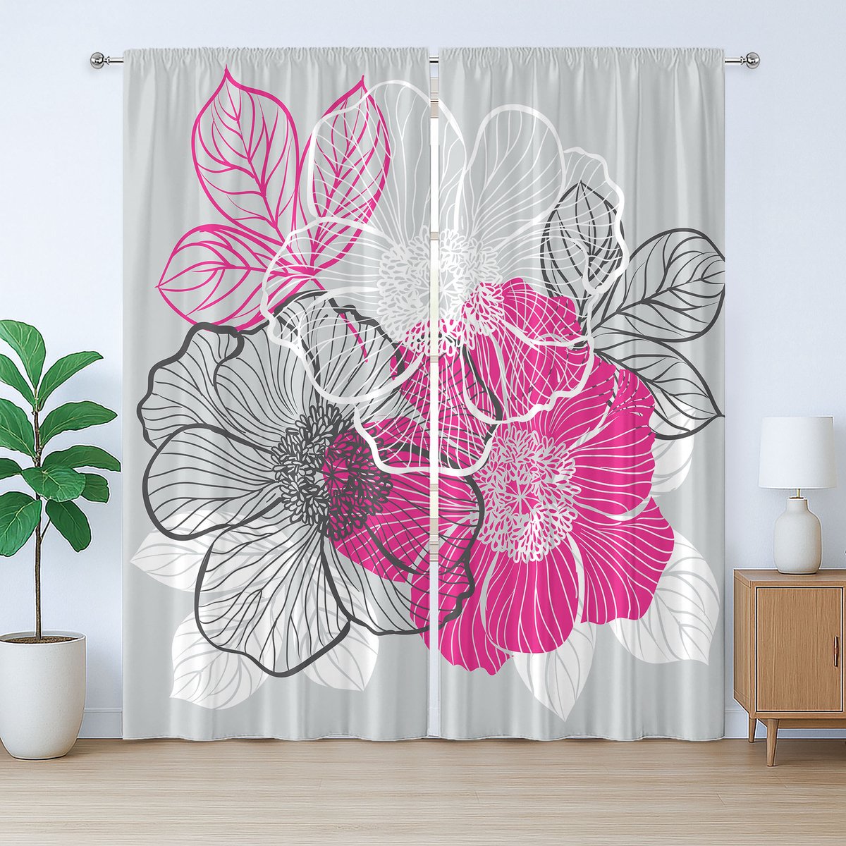ABAKUHAUS Rustiek bloemengordijn, abstracte bruidspioenen, slaapkamergordijn met lussen en haken, 280 x 245 cm, grijs magenta wit