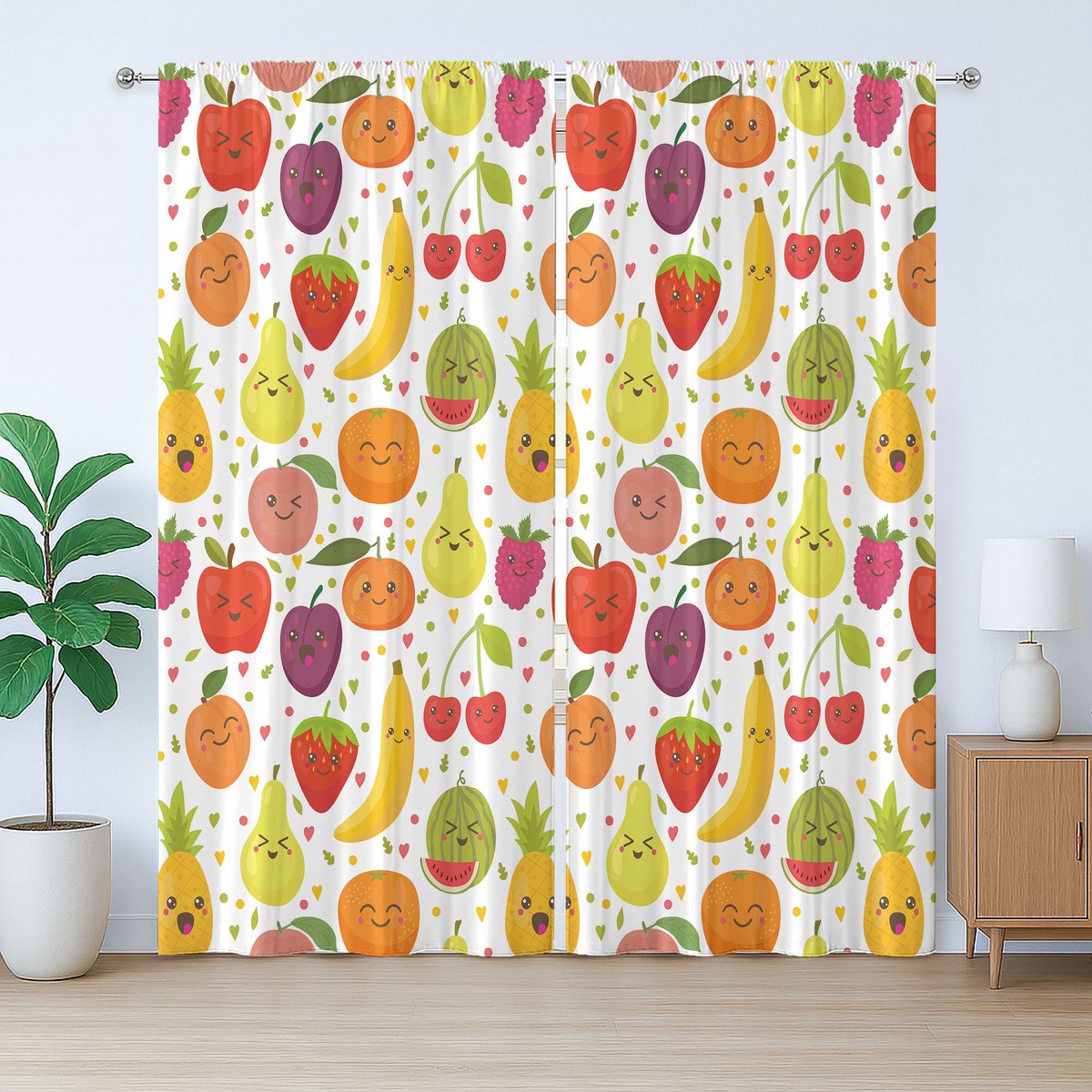 ABAKUHAUS Rustiek Fruitgordijn, Banaan Lach Kinderthema, Geplooid Gordijn met Lussen en Haken voor de Slaapkamer, 280 x 175 cm, Geel Groen Rood