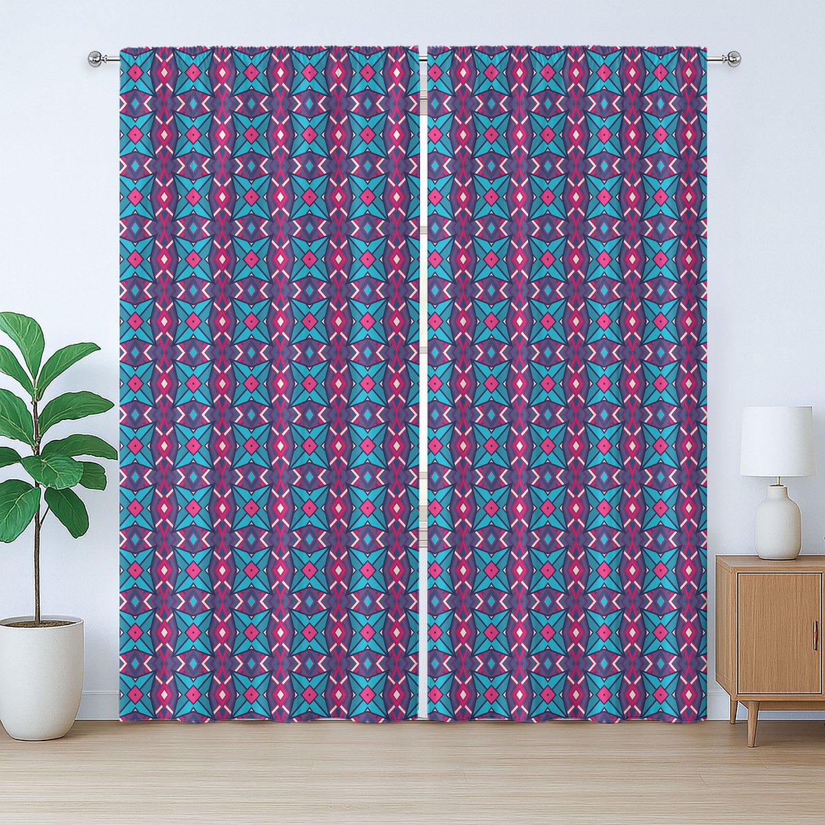 ABAKUHAUS Geometrisch rustiek gordijn, ruitpatroon, slaapkamergordijn met plooien, lussen en haken, 280 x 175 cm, meerkleurig