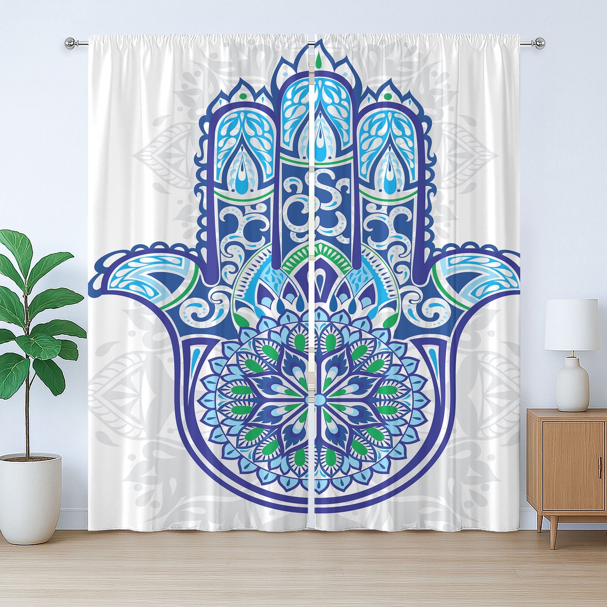 ABAKUHAUS Hamsa Rustiek Gordijn, Oosterse Bloemen, Universele Gordijnen met Bandjes en Lussen voor de Woonkamer, 280 x 260 cm, Blauw Turkoois Wit