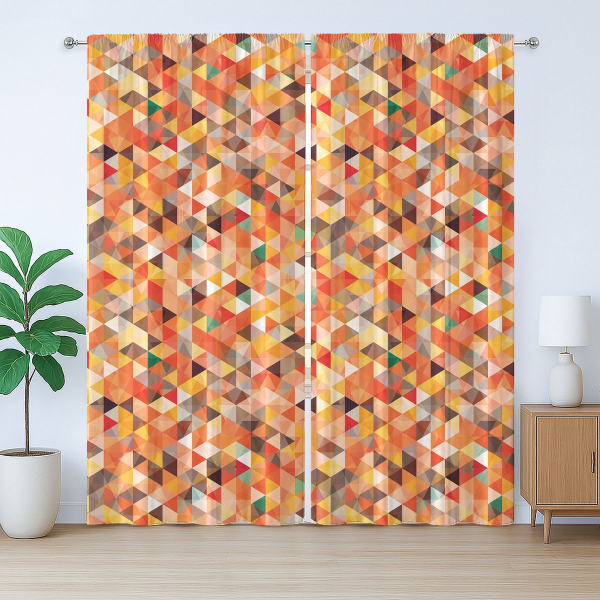ABAKUHAUS Trippy Rustic Gordijn, Levendig Motief, met Bandjes voor de Woonkamer met Lussen en Haken, 280 x 245 cm, Oranje Meerkleurig