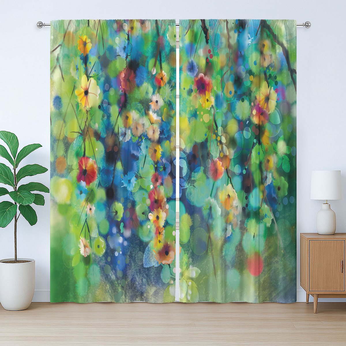 ABAKUHAUS Rustiek bloemengordijn, kleurrijke bloemen aan een boom, slaapkamergordijn met geplooide band, lussen en haken, 280 x 225 cm, groenblauw