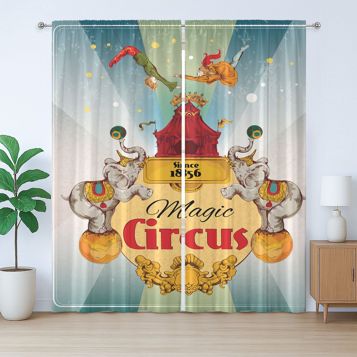 ABAKUHAUS Kleurrijk rustiek gordijn, vintage circustent, met lussen en haken voor de woonkamer, 280 x 225 cm, groen geel