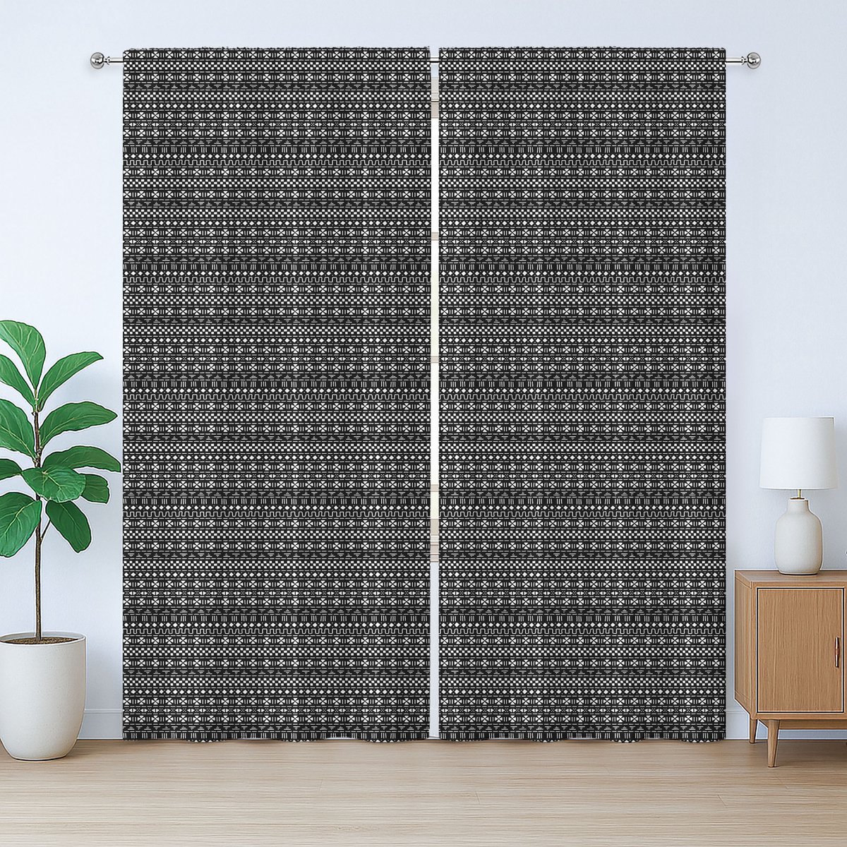 ABAKUHAUS Rustiek Mudcloth Gordijn, Hoekgordijn, Slaapkamergordijn met Plissébanden, Lussen en Haken, 280 x 175 cm, Zwart en Wit