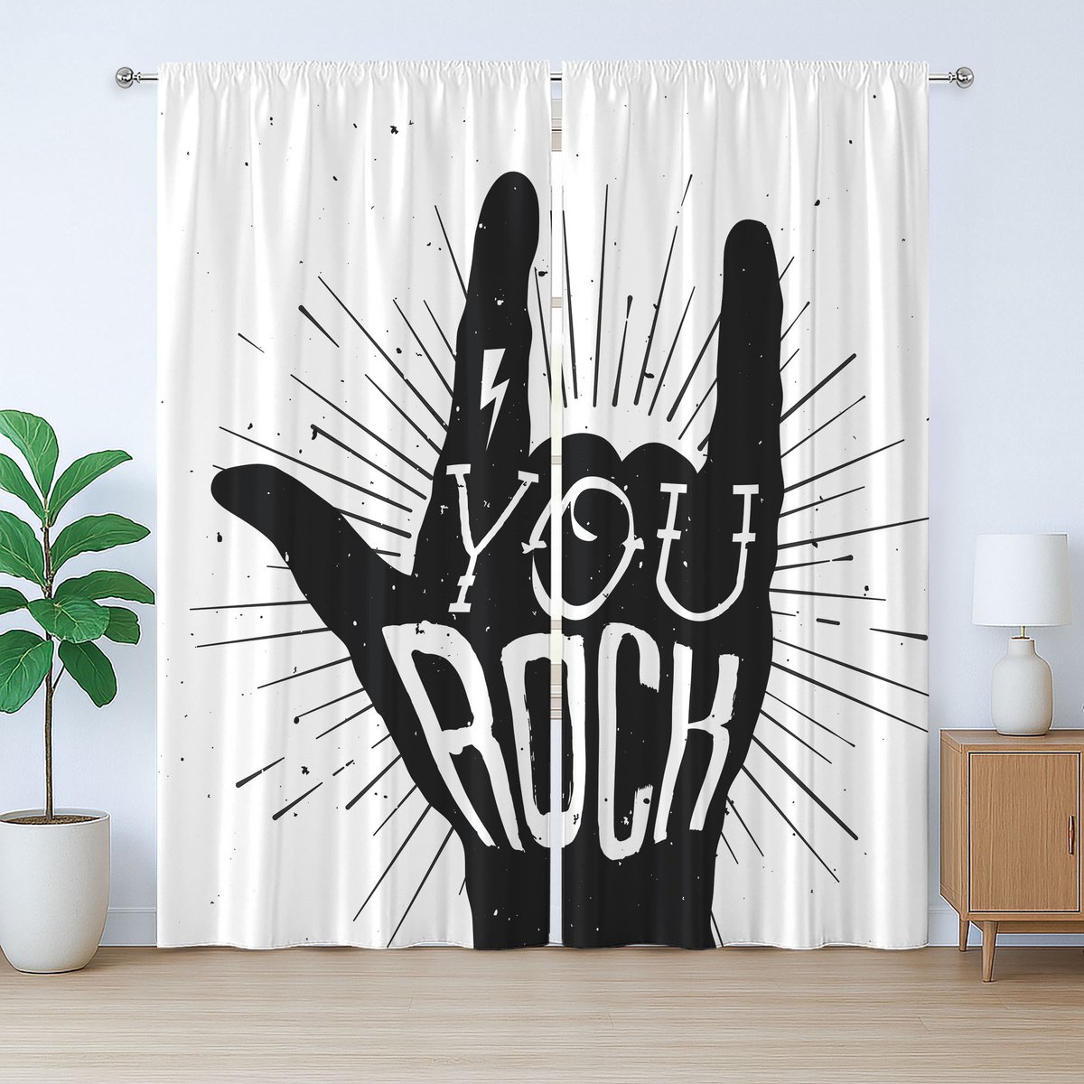 ABAKUHAUS Rockmuziek Rustiek Gordijn, You Swing Woorden Kunst, Slaapkamergordijn met Plooiing, Lusjes en Haken, 280 x 225 cm, Wit Zwart