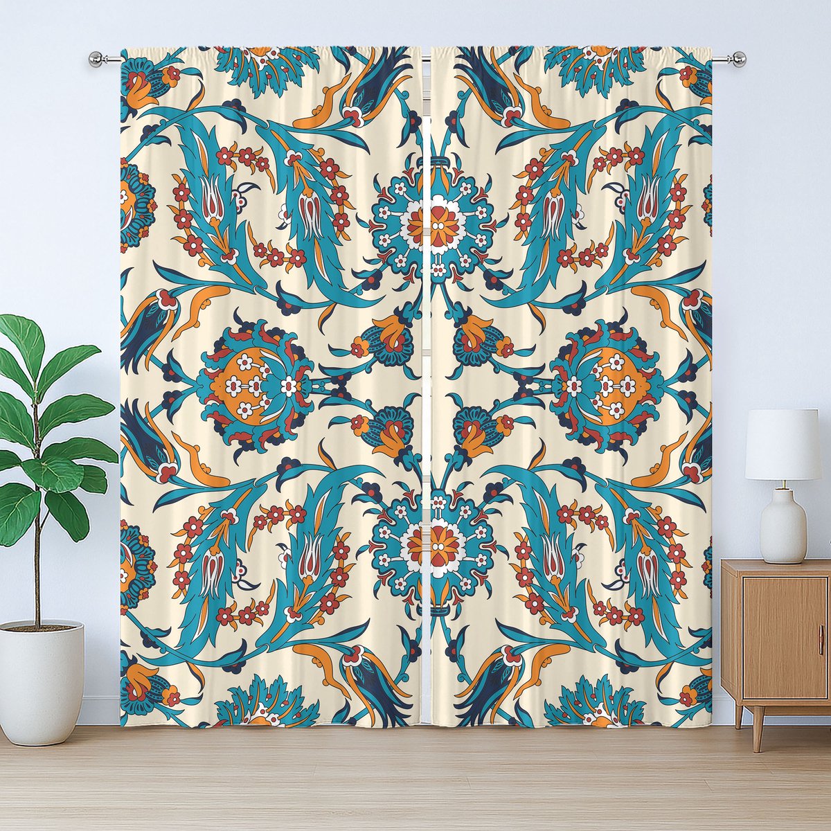 ABAKUHAUS Oriëntaals rustiek gordijn, antieke boho-print, slaapkamergordijn met plooien, lussen en haken, 280 x 245 cm, donker hemelsblauw