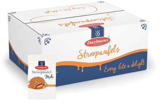 Doos met Daelmans stroopwafels, midi formaat, met een individueel verpakte stroopwafel ernaast