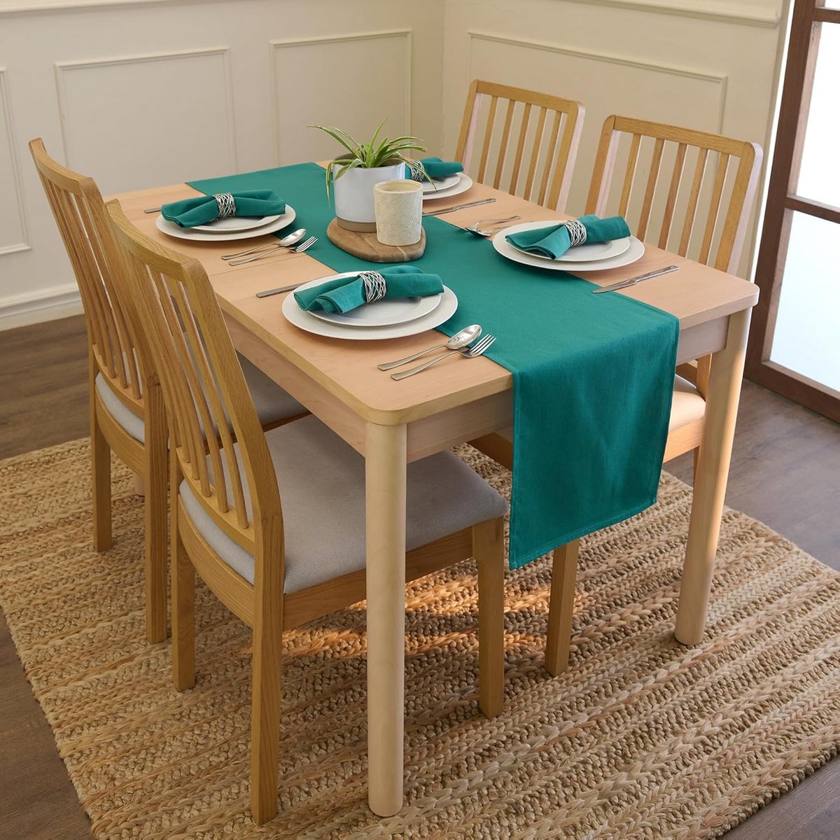 Luxe Katoenen Canvas Tafelloper 32x230 cm Smaragdgroen Duurzaam en Wasbaar