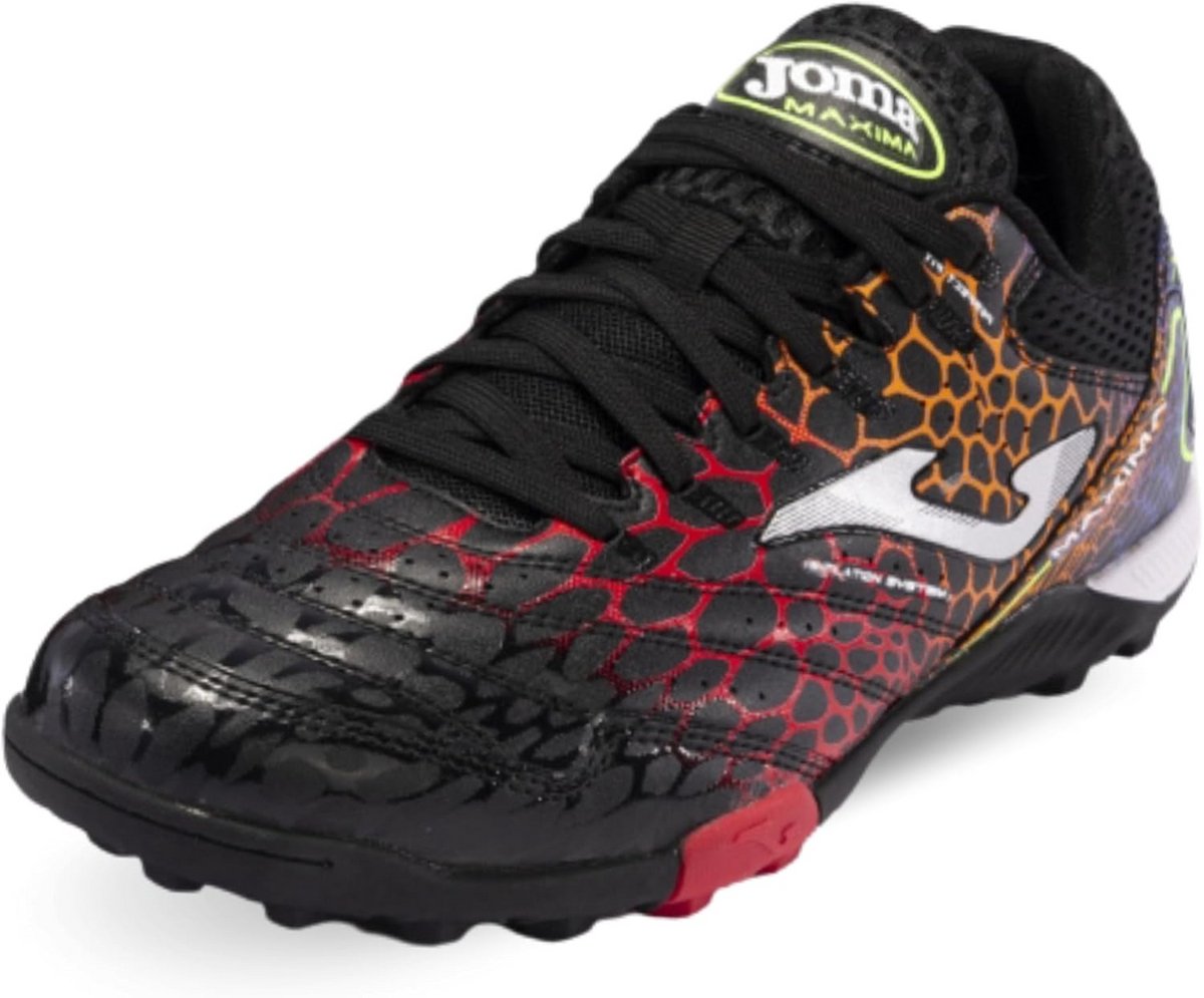 Voetbalschoenen voor heren met turfzool, zwart met kleurrijke accenten, ideaal voor synthetisch gras en beginners.