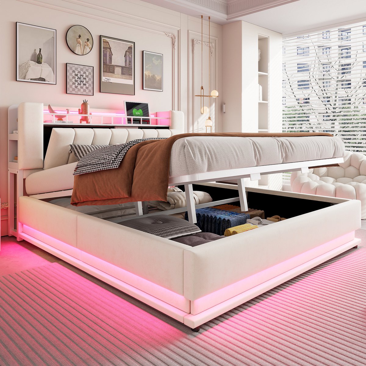Wishdor Gestoffeerd Bed – 180 x 200 cm – Ledverlichting en Usb-Aansluitingen – Hydraulische Opbergruimte – Fluweel Beige – Opbergruimte in Hoofdbord – Metalen Lattenbodem – Luxe Design voor Moderne Slaapkamer – Stabiel tot 300 kg