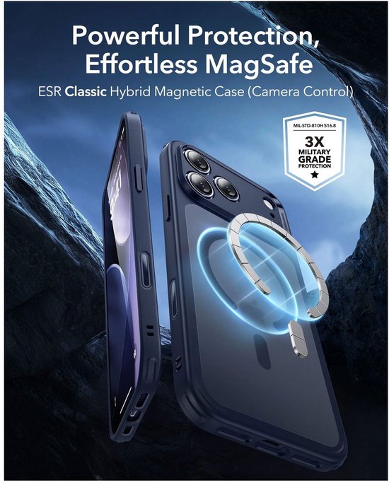 Donkerblauwe hoes met MagSafe-ring, op een rotsachtige achtergrond. "Powerful Protection, Effortless MagSafe".