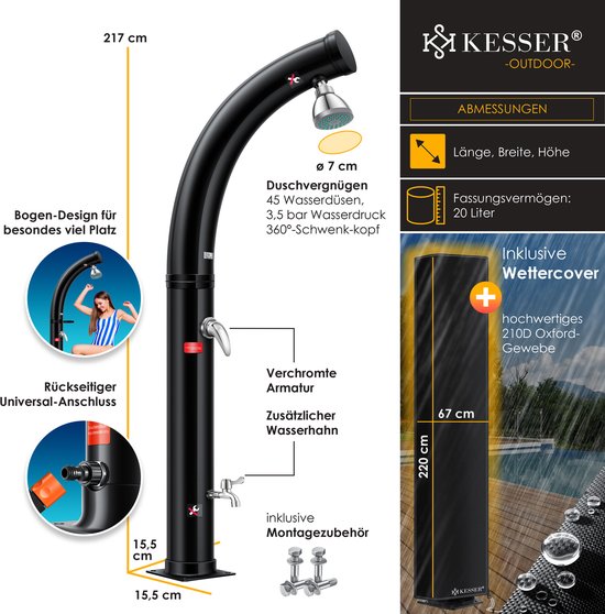 Zwarte buitendouche met afmetingen, 20 liter capaciteit en een weerhoes van 220 cm.