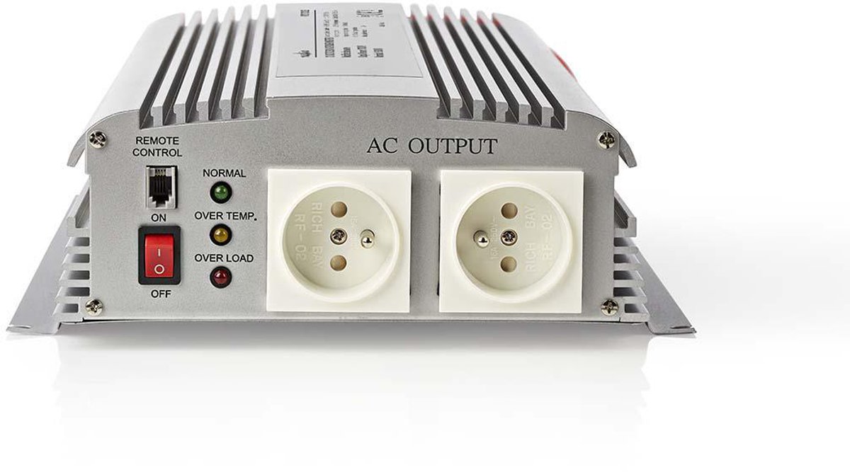 Nedis Inverter Gemodificeerde Sinusgolf - Ingangsvoltage: 12 V DC - Apparaat stroomoutput: Type F (CEE 7/3) - 230 V AC 50 Hz - 1700 W - Piekvermogen: 3000 W - Screw Terminal - Zilver