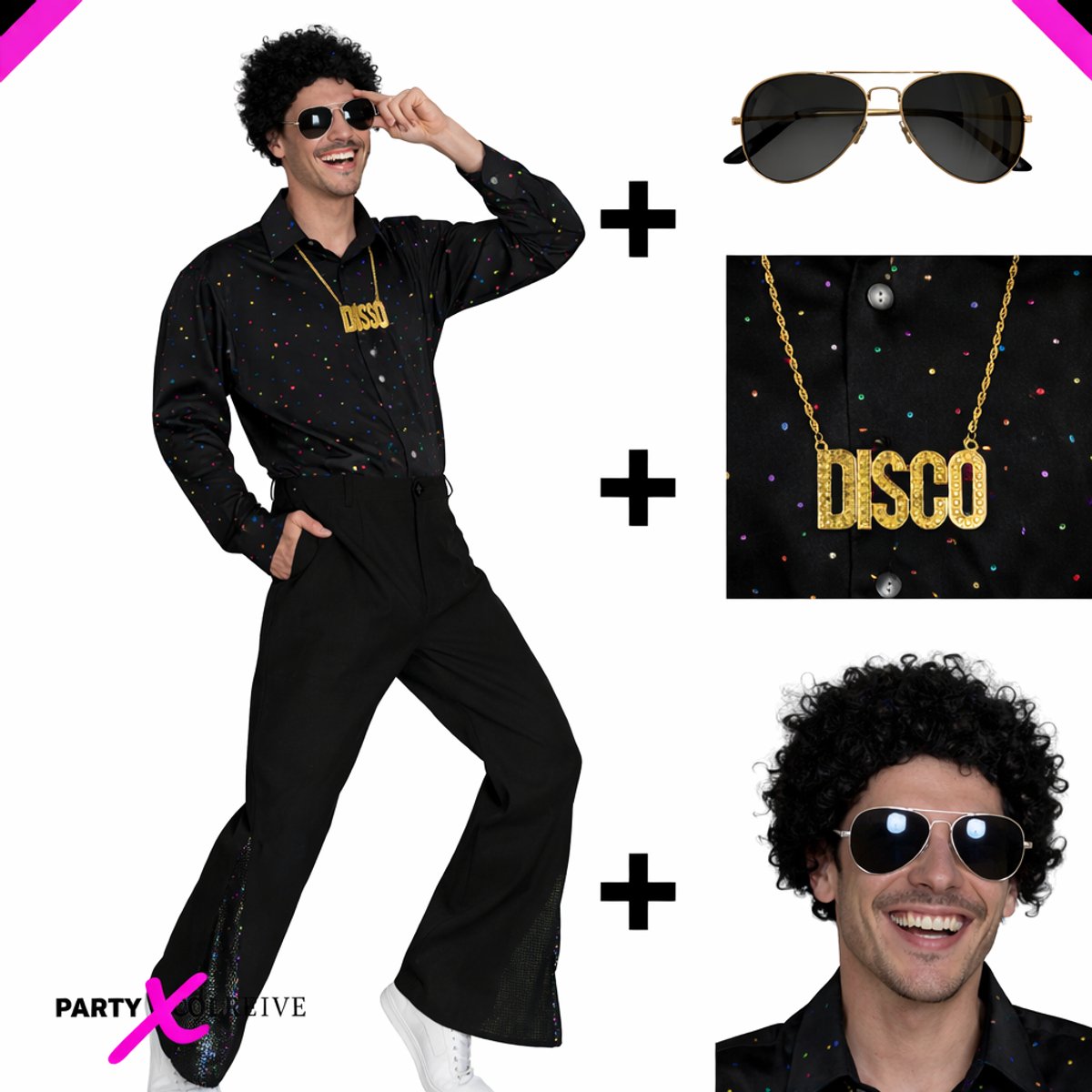 Partyxclusive 5-Delig Disco Kostuum Zwart Shirt/Broek/Pruik/Bril/Ketting Disco Foute Party Outfit Heren Retro Verkleedkleding Carnavalskleding Heren - Zwart - Polyester - L