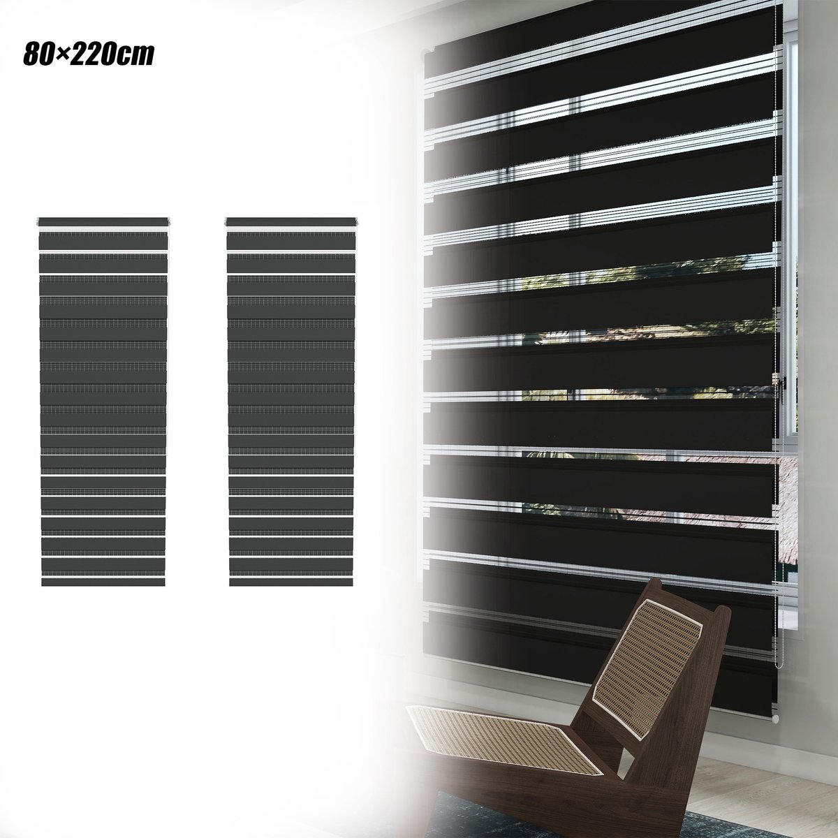 Aufun 2 Stuks Dubbele Verduisterende Rolgordijnen - Zwart 80x220cm - Clipmontage, Boren Niet Nodig, Eenvoudig Te installeren - Geschikt Voor Ramen En Balkondeuren