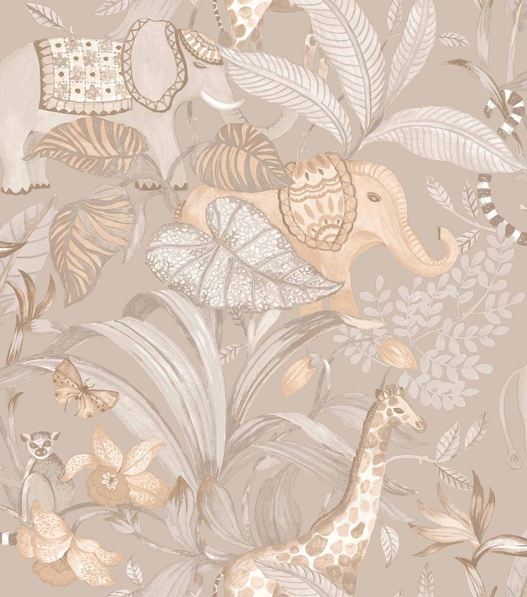Behang - Kinderkamer – Jungle - Dieren- Grijs- Beige - Babykamer - Kinderbehang – Olifant - Giraffe- 0,53 x 10,05 M