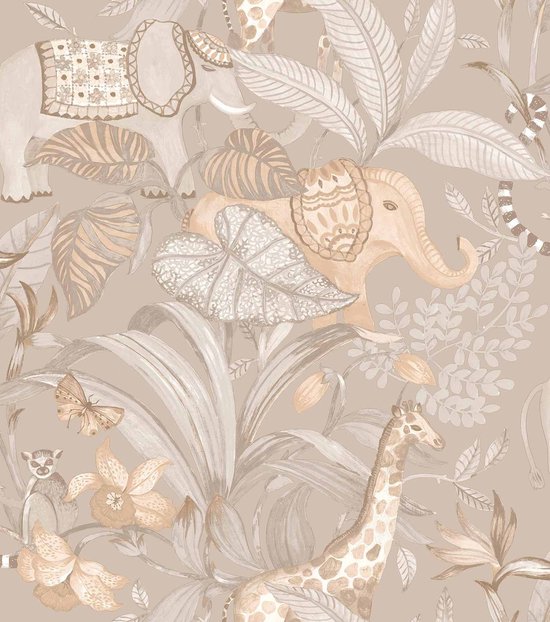 Behang - Kinderkamer – Jungle - Dieren- Grijs- Beige - Babykamer - Kinderbehang – Olifant - Giraffe- 0,53 x 10,05 M