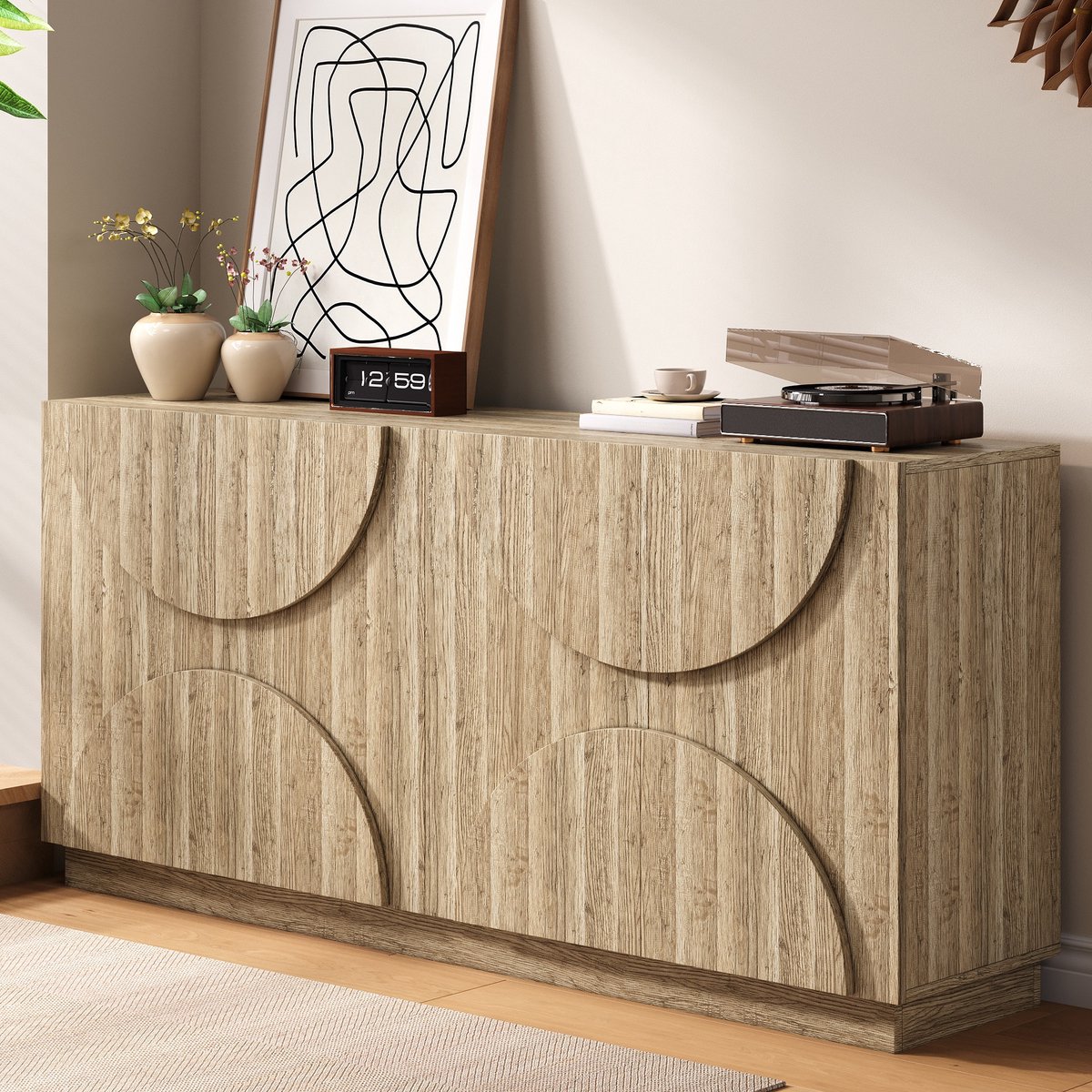 REDOM - Dressoir - Grote Opbergruimte En Boogdeuren - Scandinavisch - Woonkamer Of Eetkamer - Spaanplaat - Naturel - 160 X 40 X 80 Cm