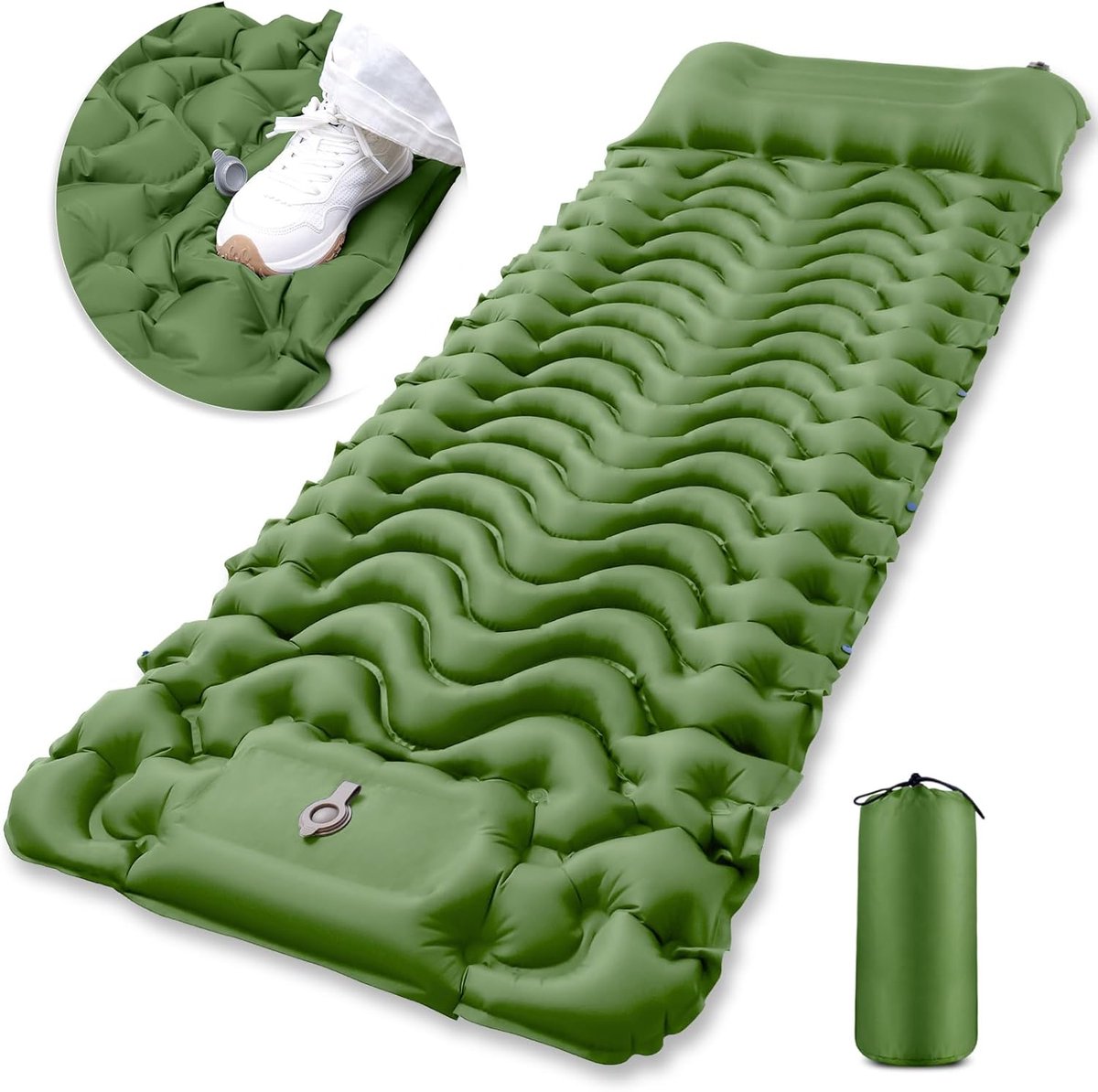 Opblaasbare Slaapmat - Kampeerluchtbed Kussen - Kamperen en Reizen - Ingebouwde Voetpomp - 190 x 65 cm - Groen