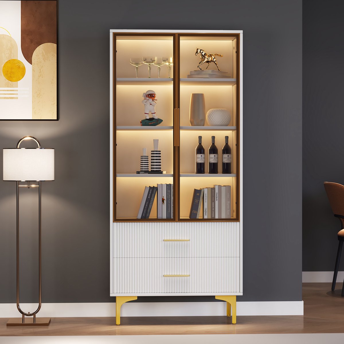 REDOM - Glasvitrinekast - 2 Deuren En Verstelbare Planken - Elegant - Voor Woonkamer - Spaanplaat En Glas - Wit - 70 x 35 x 150 cm