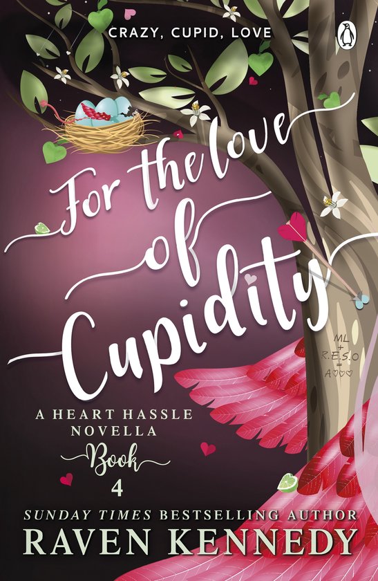Couverture de livre intitulée 'For the love of Cupidity', avec un nid d'œufs bleus et de grandes plumes rouges.