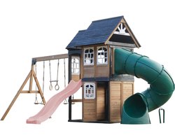 AXI Noud Speeltoestel met Speelhuis, Schommels, Trapeze, Klimwand – Met Bank – Pastel Roze Glijbaan – Met Buisglijbaan - FSC 100% hout – Speeltoestel voor de tuin / buiten