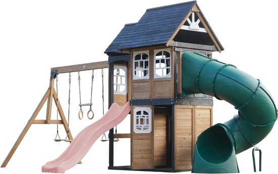 AXI Noud Speeltoestel met Speelhuis, Schommels, Trapeze, Klimwand – Met Bank – Pastel Roze Glijbaan – Met Buisglijbaan - FSC 100% hout – Speeltoestel voor de tuin / buiten