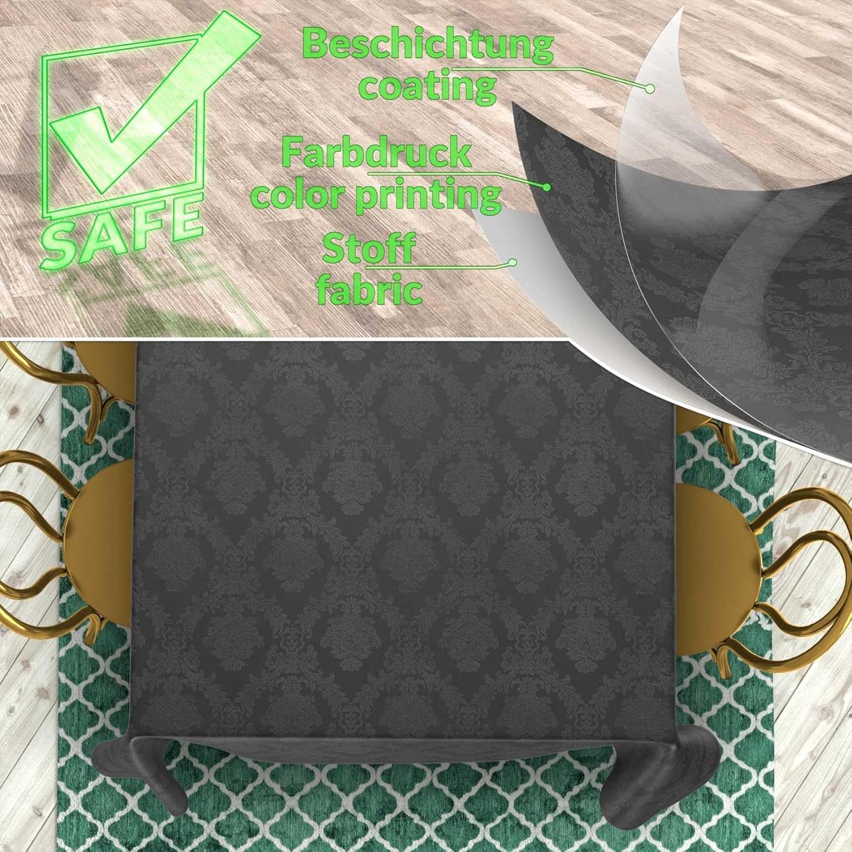 Waterafstotend Stoffen Tafelkleed Katoen Polyester Barok Zwart 180x120 cm