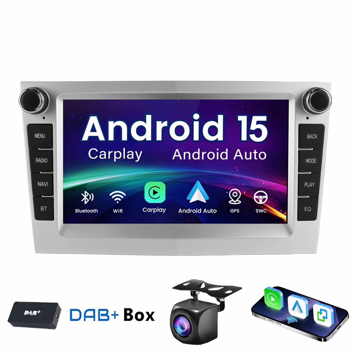 ESSGOO DAB+ Autoradio Geschikt voor Opel - Android 15 - Apple Carplay & Android Auto (Draadloos) - 4+64GB - 7 Inch HD Touchscreen - GPS, Bluetooth, WIFI - Navigatiesysteem - Achteruitrijcamera - Zilver
