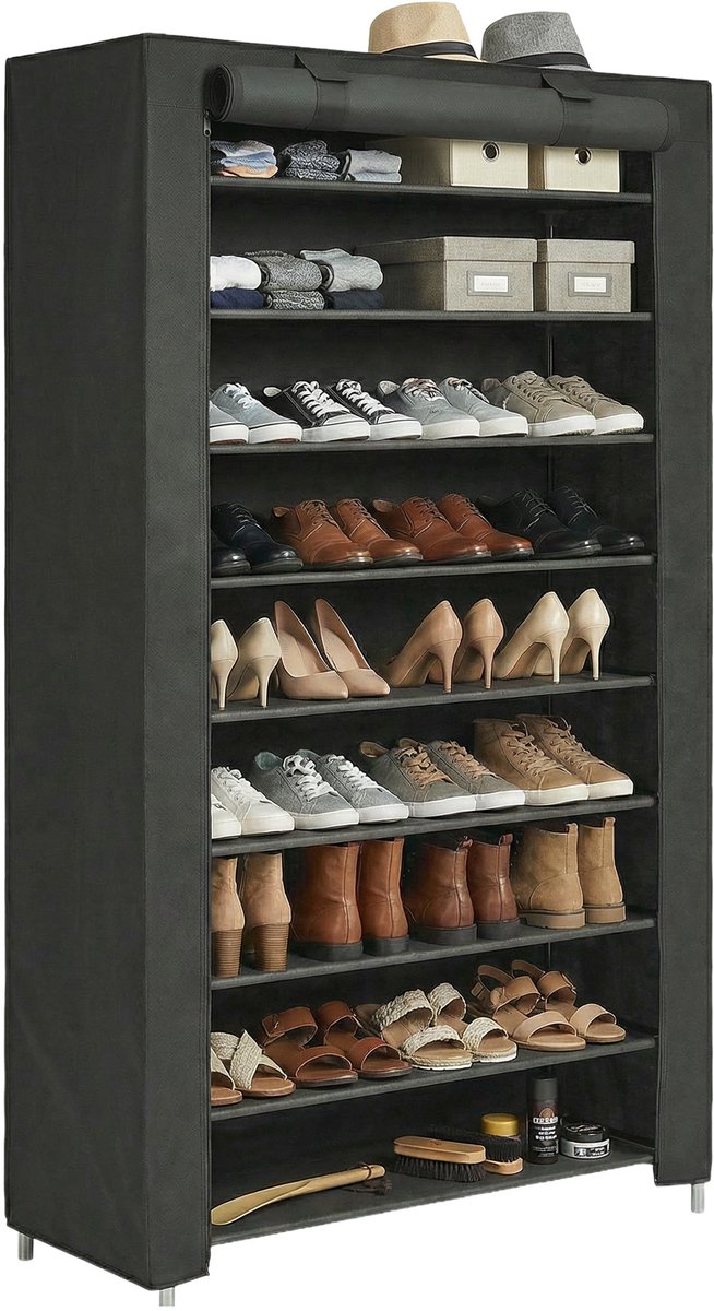 Songmics Schoenenrek - Schoenenrek met 10 Lagen - Met Stofhoes - Metalen Frame - Voor High Heels Zwart
