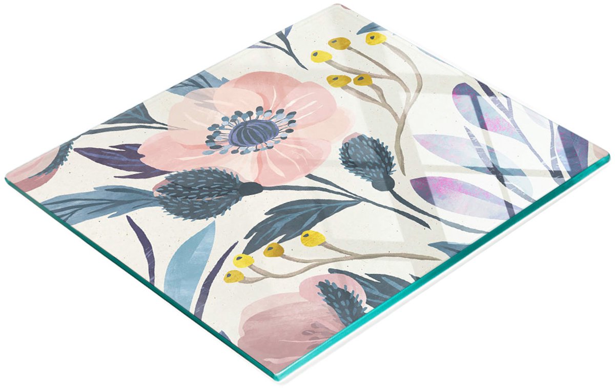 Decoratieve glazen snijplank voor in de keuken met retro klaprozenmotief, 60x52 cm