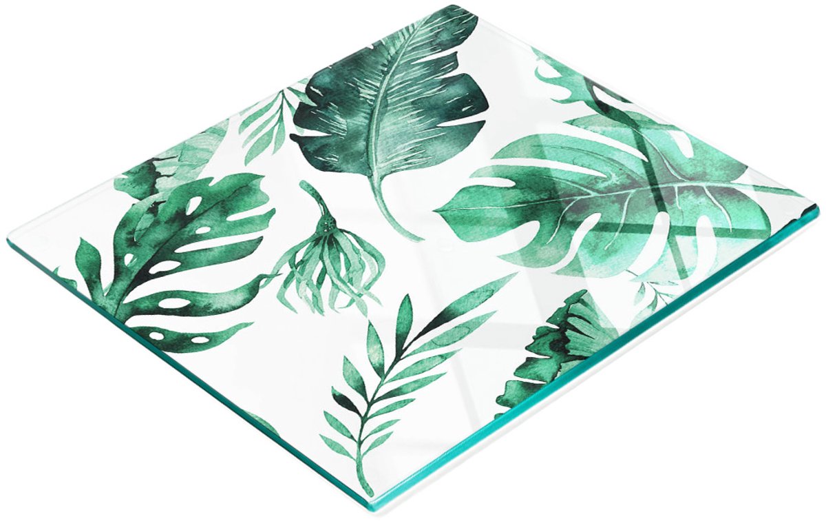 Keukenplank van gehard glas met decoratieve palm- en bladmotieven, 60x52 cm