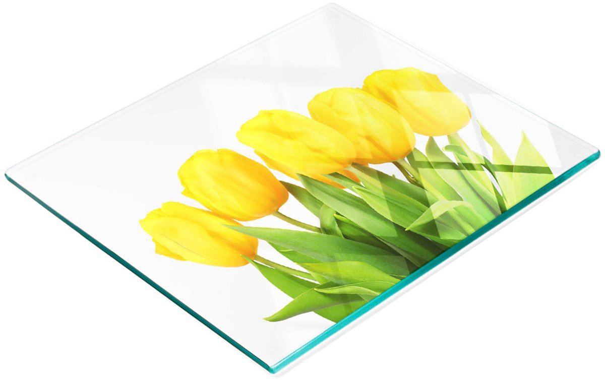 Multifunctionele decoratieve glazen snijplank voor de keuken met gele tulpen, 60x52 cm
