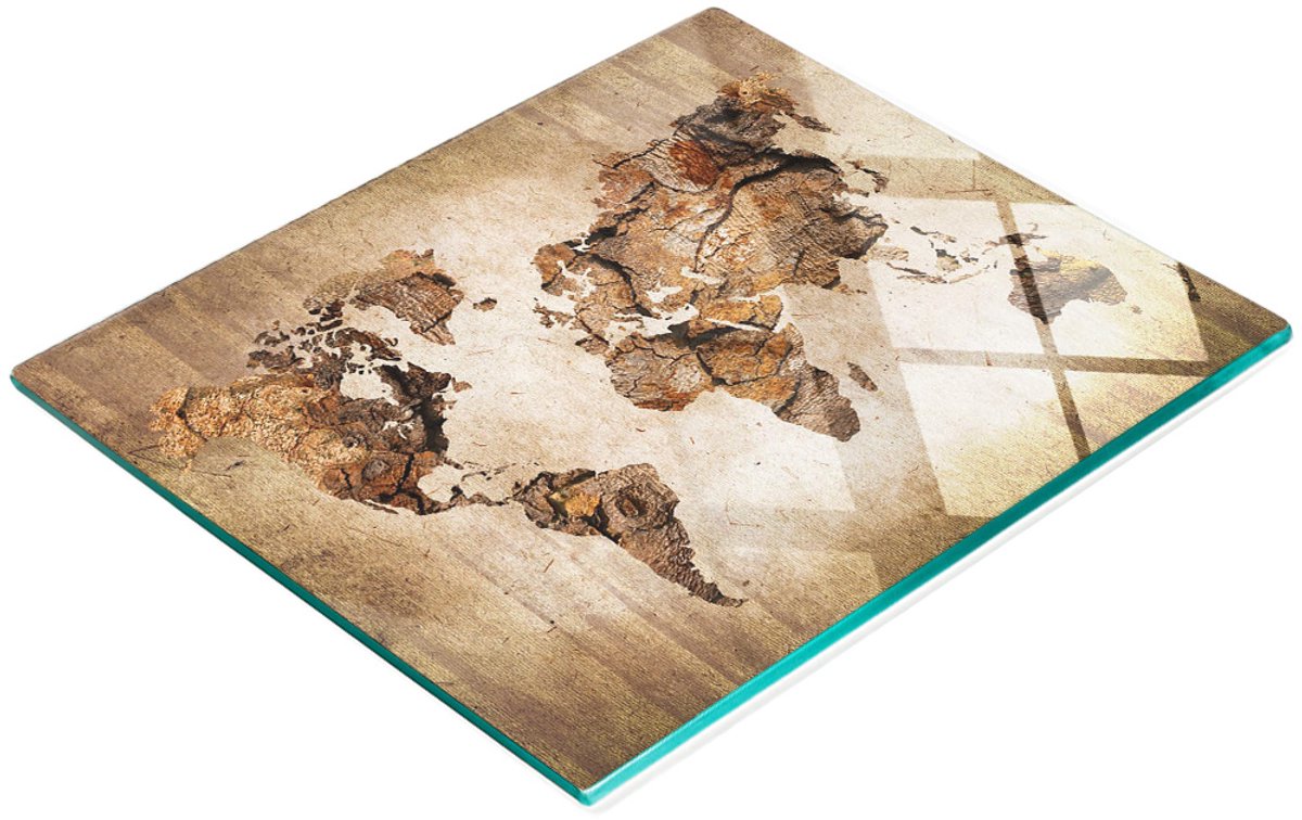 Decoratieve glazen snackplank met houten wereldkaart 60x52 cm