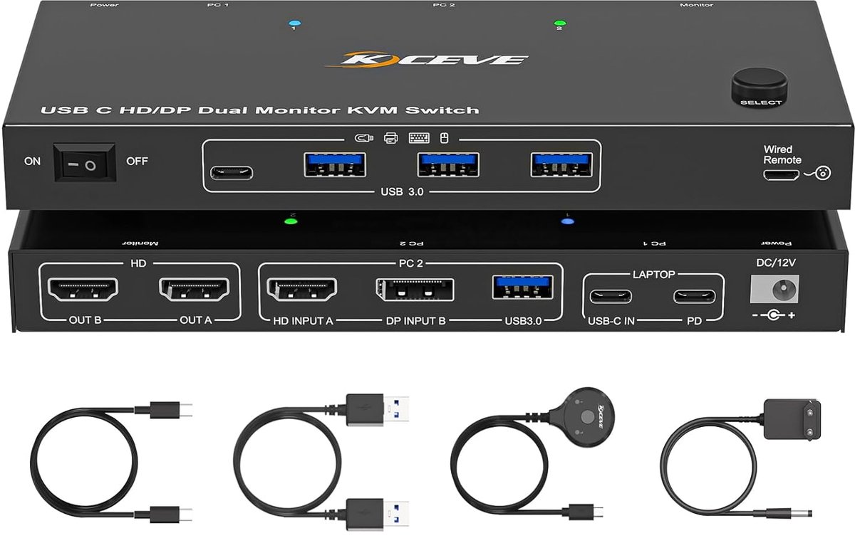 KVM Switch - Dubbele Monitor Switch - Productiviteit Verhogend - 4K@60Hz Beeldkwaliteit - 17.9 x 7.7 cm