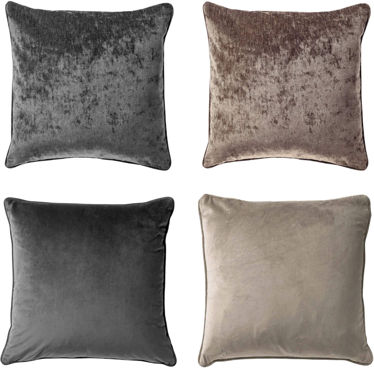 Dutch Decor - KUSSENSET - 4-delig - Velvet Elegance - 45x45 cm - inclusief binnenkussens - antraciet, taupe - Met Ritssluiting – Decoratie Kussens - Comfortabele kussentjes voor op de Bank