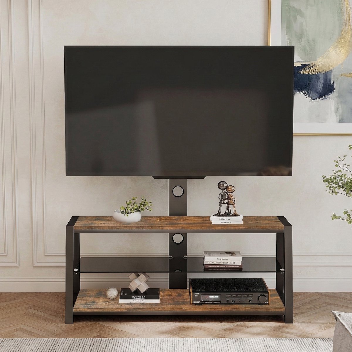 MODFU Tv-Meubel Met Tv-Standaard - 3-Laags - Draaibaar En In Hoogte Verstelbaar - Klassiek - Woonkamer - MDF En Metaal - Bruin