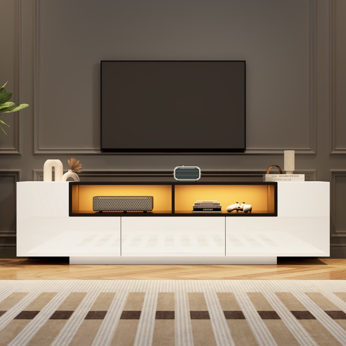 MODFU Tv-Meubel - Led-Verlichting En Lade - Modern - Woonkamer - Spaanplaat - Wit - 180 X 40 X 48 Cm