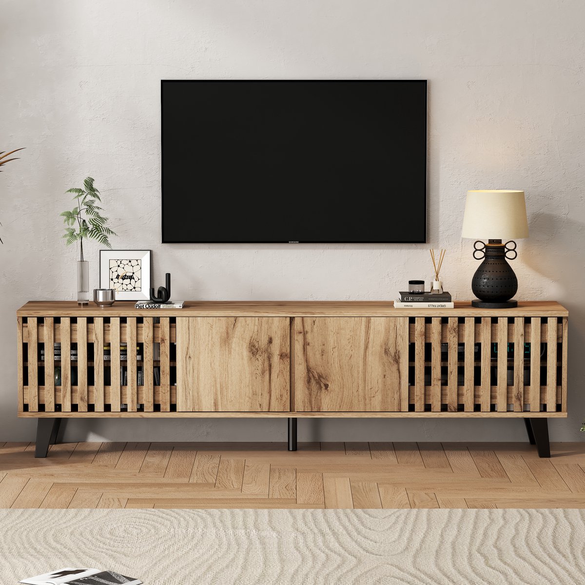 MODFU - Tv-Meubel En Dressoir - Open En Gesloten Opbergruimte - Voor Woonkamer En Slaapkamer - Spaanplaat - Natuurlijke Houtkleur