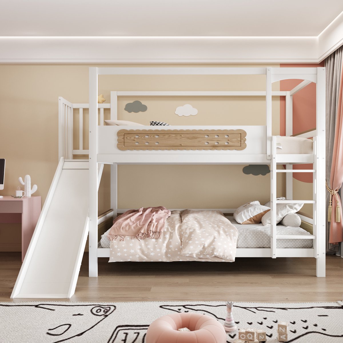 intebiki Stapelbed 90 x 200 cm – met bedframe in de vorm van een huis – bedhekjes in de vorm van koekjes – glijbaan en extra brede veiligheidsladder – van hout wit
