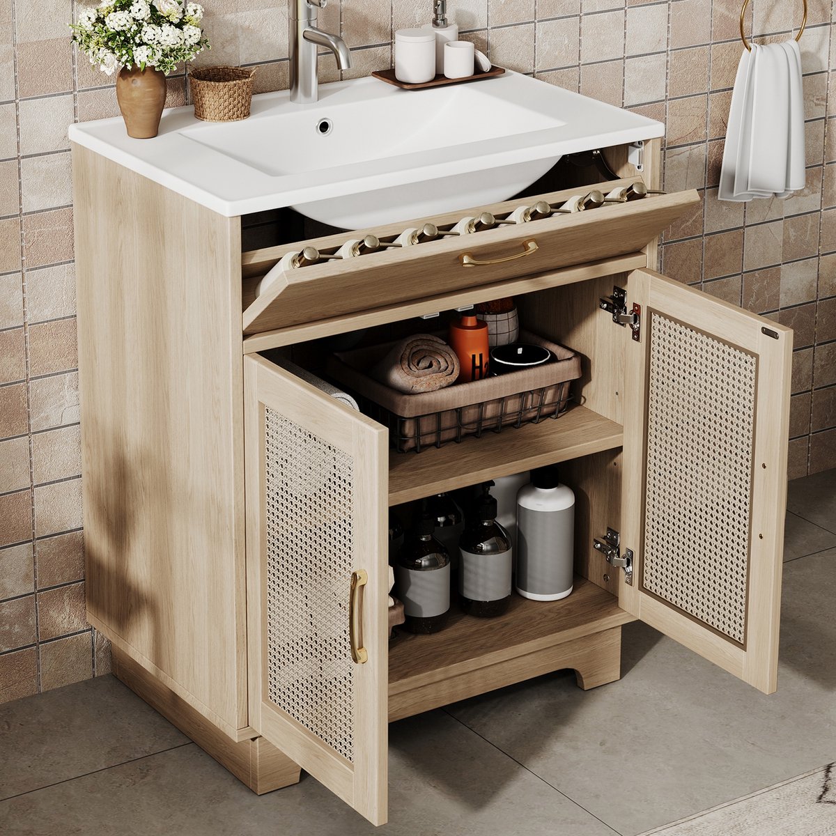 Sweiko Badkamermeubel - Softclose - Rieten deur - Met keramische wasbak - Houtlook kast - Natuurkleur