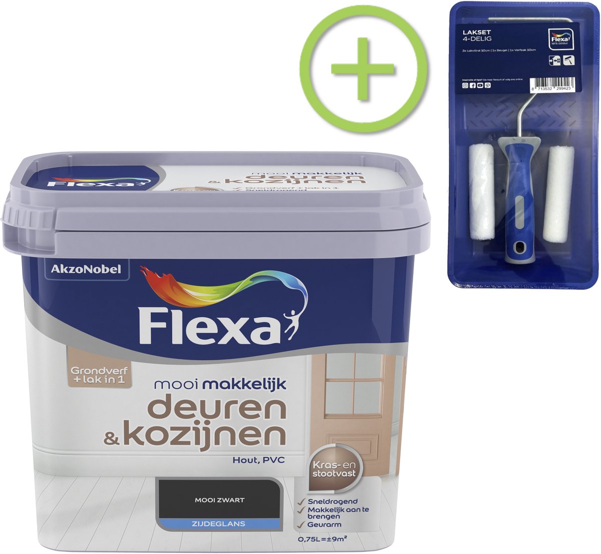 Voordeelpakket Flexa Mooi Makkelijk - Deuren En Kozijnen - Mooi Zwart - 750 ML + Lakroller - 4 Delig