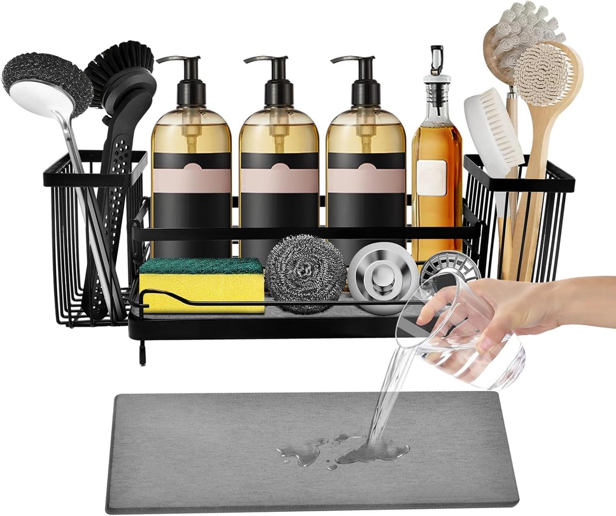Spoelbak Organizer - Keuken Spons Houder - Keuken Opbergen - Sneldrogend Materiaal - Zwart