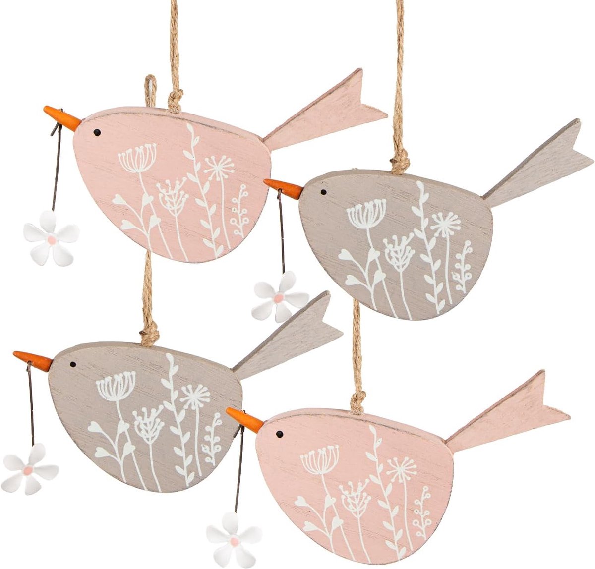 Houten Vogelhangers - Lente Decoratie - Feestelijke Aankleding - Natuurlijke Kleuren - 14 cm - Roze Grijs
