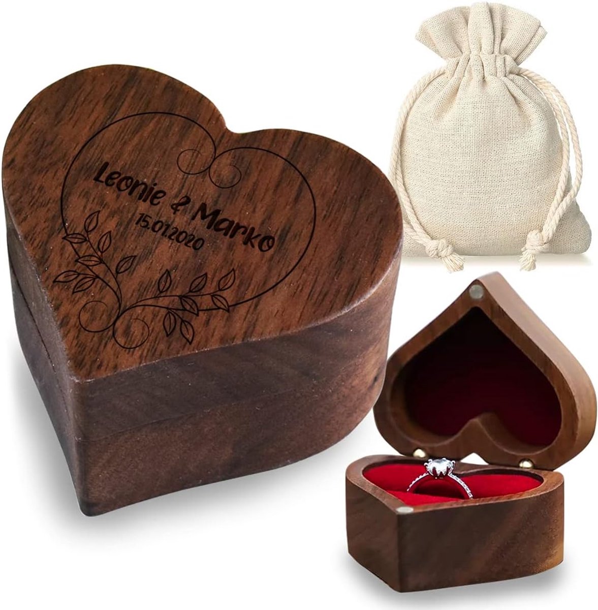 Ringendoos Hartvorm - Houten Ringhouder - Bruiloft Cadeau - Gepersonaliseerde Gravure - 6 x 5.4 x 3.5 cm - Houtkleur