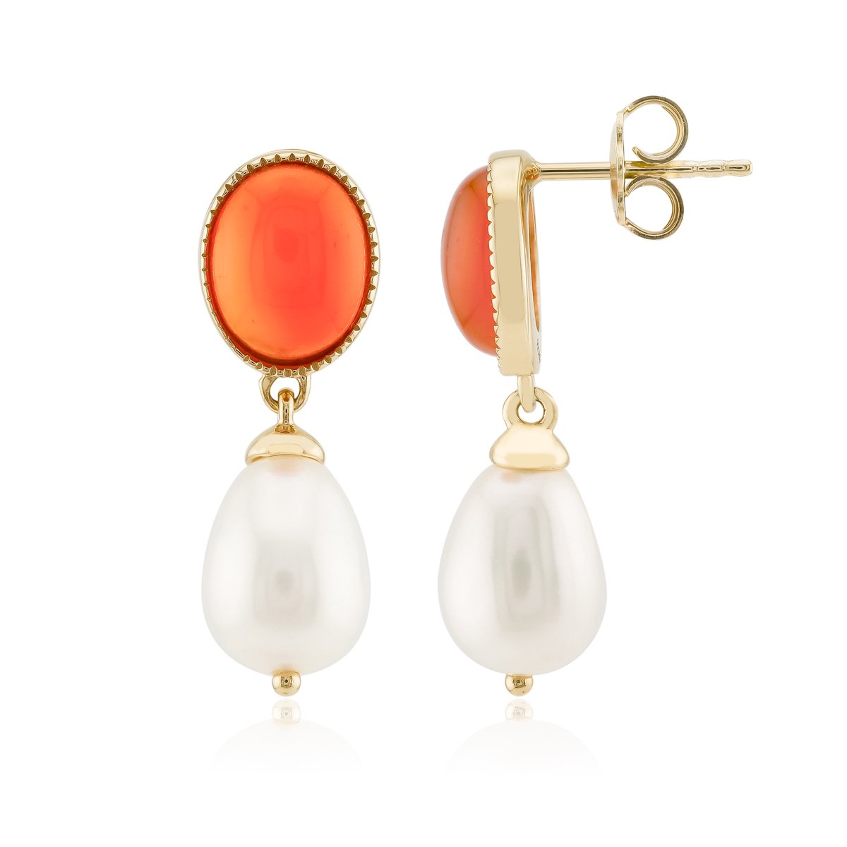 Cavill - Verguld 925 Sterling Zilveren Oorbellen - Witte Zoetwaterkweekparels 11x8 mm - Carneool Cabochon 5 ct - Elegante Zilveren Oorhangers