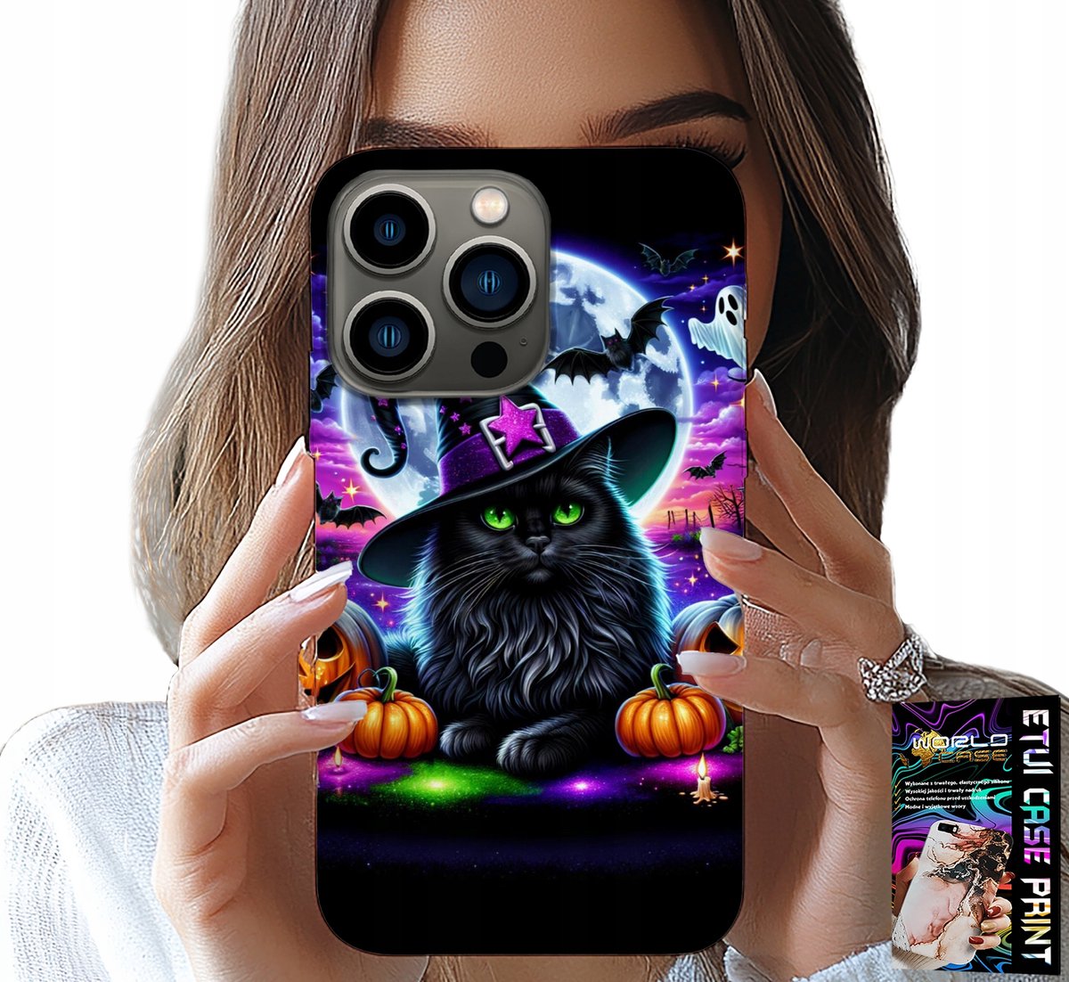 iPhone 16 Pro Max hoesje - Zwart Kitty Halloween Salem Pompoenpatroon