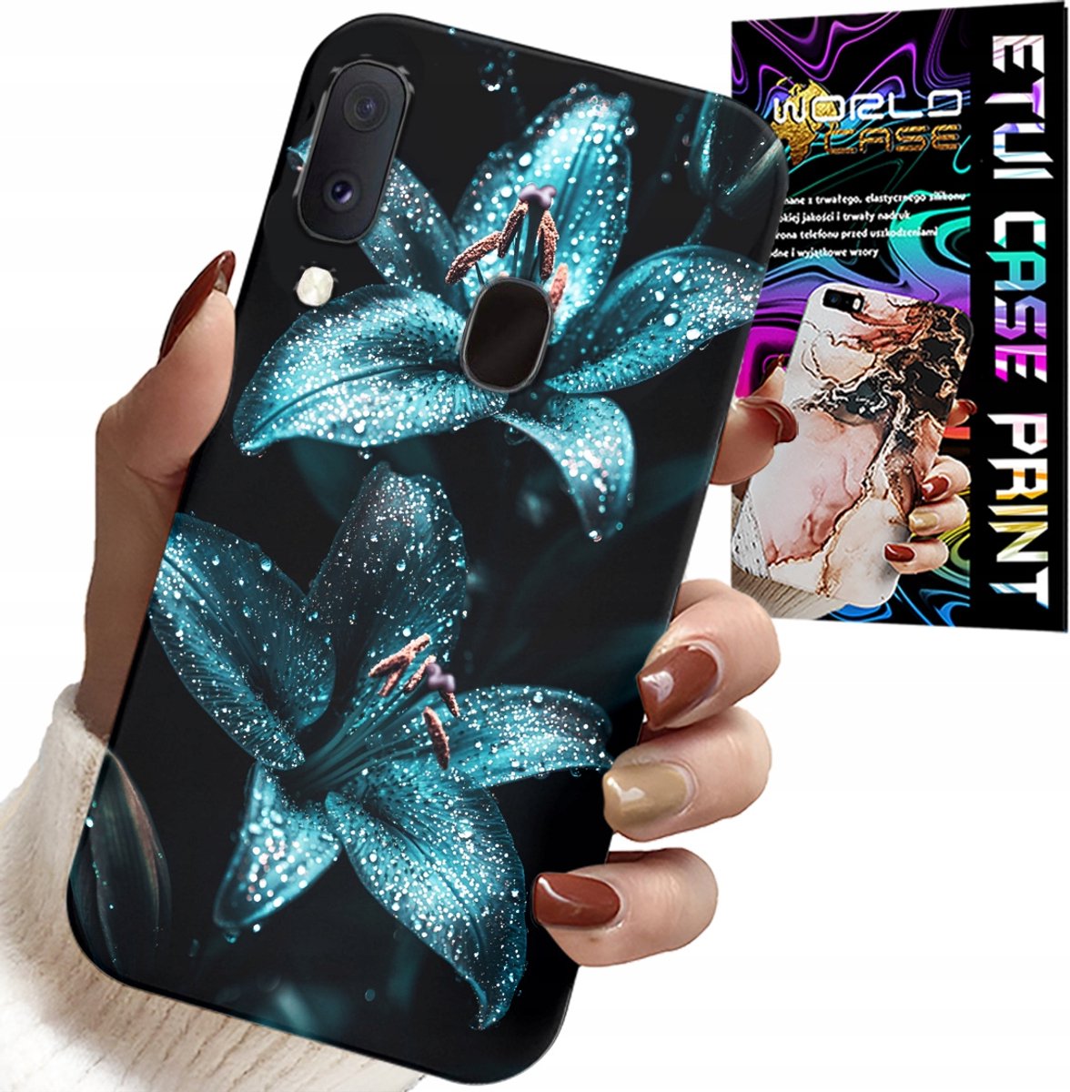HOESJE VOOR SAMSUNG GALAXY A20E - TURKOOZE LELIES BLOEMEN BEHUIZING + GLAS